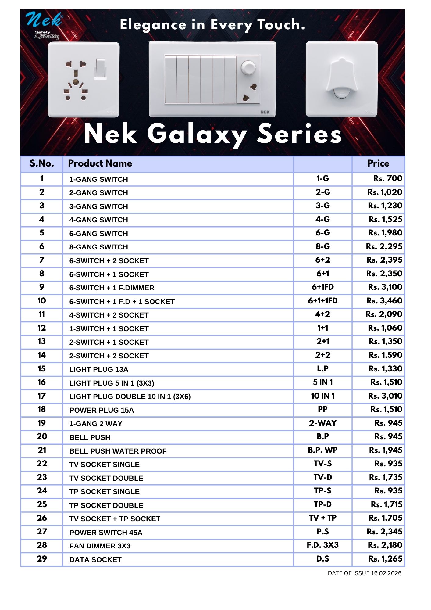 price list nek galaxy series